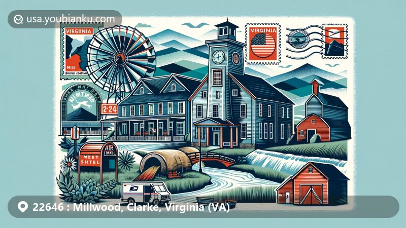 Modern illustration of Millwood, Clarke, Virginia, featuring Burwell-Morgan Mill, Carter Hall, Blue Ridge Mountains silhouette, and postal theme with ZIP code 22646.