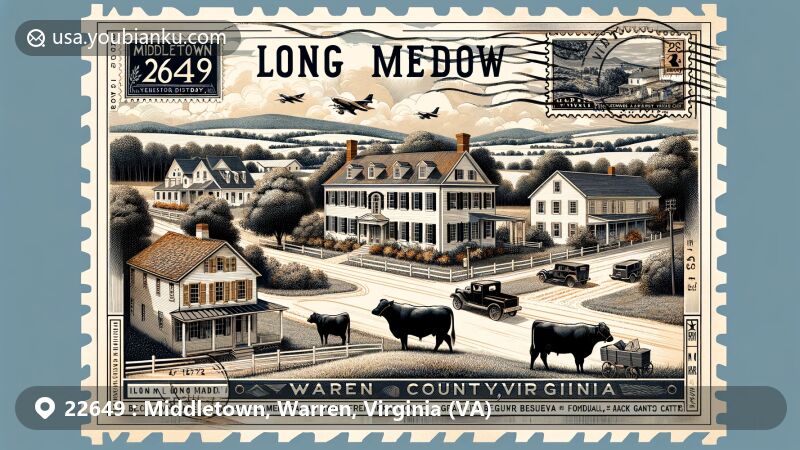 Modern illustration of Middletown, Warren County, Virginia, featuring historic Long Meadow Black Angus cattle farm with Federal/Greek Revival architecture, showcasing Middletown Historic District and scenic Shenandoah Valley backdrop.