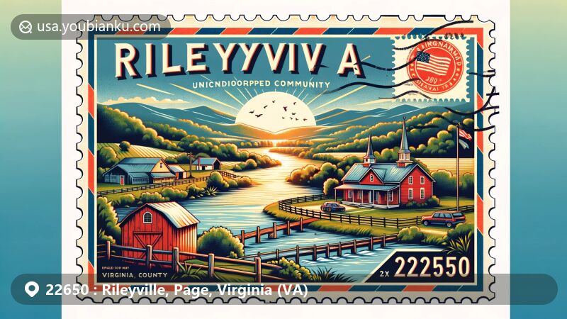 Modern illustration of Rileyville, Virginia, showcasing postal theme with ZIP code 22650, featuring Shenandoah River and rural landscape.