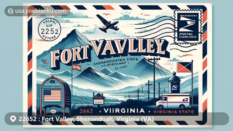 Modern illustration of Fort Valley, Shenandoah, Virginia, blending geographic and postal elements, highlighting Massanutten Mountains and Virginia state flag with postcard theme and ZIP Code 22652.