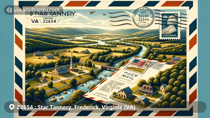 Modern illustration of the Star Tannery area in Virginia with ZIP code 22654, featuring lush landscapes, Cedar Creek, and a vintage air mail envelope revealing the Virginia state flag stamp and 'Star Tannery, VA 22654' postmark.