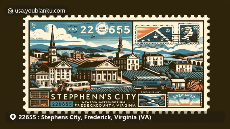 Modern illustration of Stephens City, Frederick County, Virginia, depicting ZIP code 22655, showcasing Newtown–Stephensburg Historic District and Shenandoah Valley, with Virginia state flag, Frederick County silhouette, and postal theme elements.