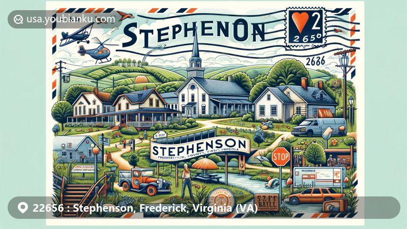 Modern illustration of Stevenson Town, Frederick County, Virginia, featuring postal theme with ZIP code 22656, showcasing local landmarks and natural beauty.