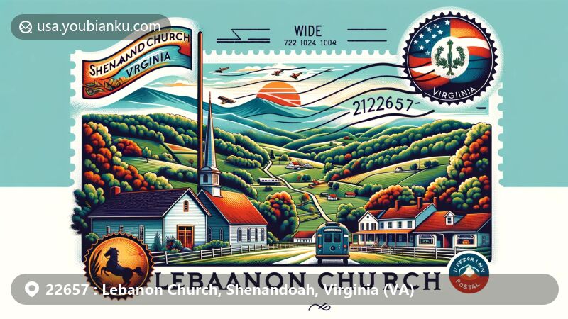 Modern illustration of Lebanon Church, Shenandoah County, Virginia, showcasing natural beauty and rural charm with John Marshall Highway and postal theme, including vintage postcard design and Virginia state symbols.
