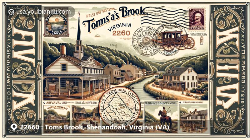 Vintage illustration of Toms Brook, Virginia, styled as a postcard or air mail envelope, featuring historic sites like the stage coach tavern and Rockdale Lime Quarry, along with Riverview Farms and Stables for horseback riding.