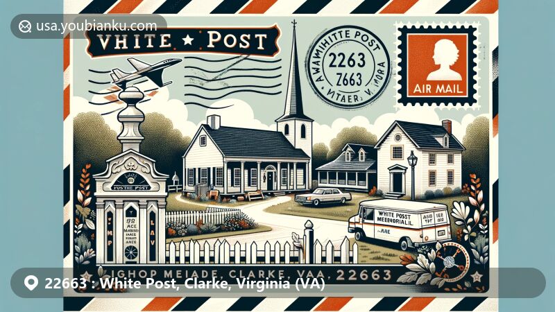 Modern illustration of White Post, Clarke County, Virginia, showcasing postal theme with ZIP code 22663, featuring historic buildings like Bishop Meade Memorial Church and a 1760s post marker.