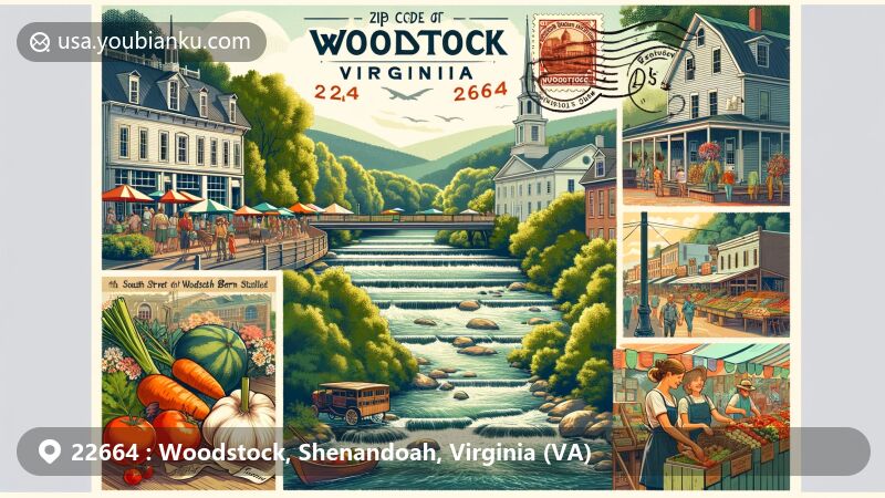 Modern illustration of Woodstock, Virginia, showcasing Seven Bends State Park with Shenandoah River, vibrant farmers' market scene at South Street Barn Market, historic downtown storefronts and cafes, vintage postcard layout with ZIP code 22664.