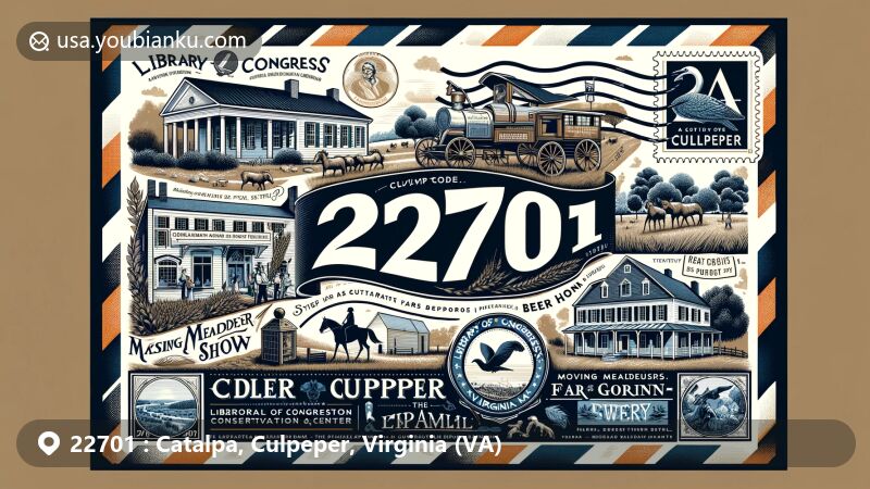 Modern illustration of Culpeper, Virginia, highlighting postal theme with ZIP code 22701, featuring Library of Congress National Audio Visual Conservation Center, Far Gohn Tavern Brewery, The Cameleer store, Moving Meadows Farm, Beer Hound Brewery, Culpeper Minutemen, and Catalpa plantation.