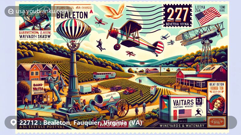 Vibrant illustration of Bealeton, Virginia, incorporating Flying Circus air show with biplanes, wing walking, parachuting, and iconic roller skate symbolizing Hugo's Skateway, along with Morais Vineyards & Winery. Postal elements like air mail envelope, Virginia state flag stamp, and ZIP code 22712, set against rural Northern Virginia landscape and Lake Ritchie.