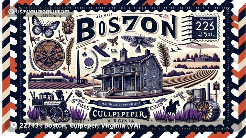 Modern illustration of Boston, Culpeper County, Virginia, showcasing local landmarks, Civil War history, vineyards, lavender farms, and postal symbols including ZIP code 22713.