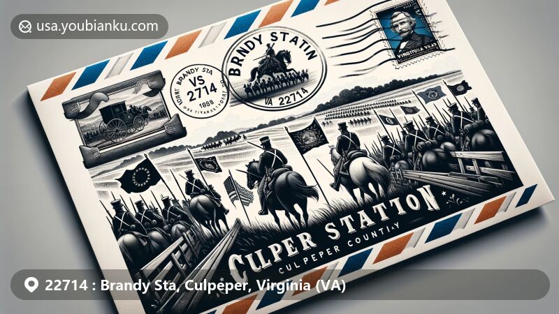Modern illustration of Brandy Station, Culpeper County, Virginia, showcasing postal theme with ZIP code 22714, featuring Battle of Brandy Station scene, Culpeper County outline, Virginia state flag, stamp, and postmark.