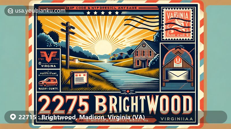 Modern illustration of Brightwood, Madison County, Virginia, featuring vintage postcard style and a blend of contemporary and traditional design. Showcasing rural allure, natural beauty, and postal theme with ZIP Code 22715. Includes Virginia state flag and Madison County silhouette.