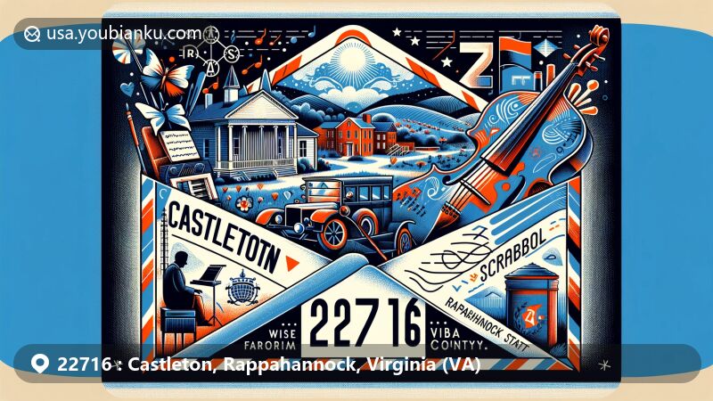 Modern illustration of Castleton, Rappahannock County, Virginia, highlighting cultural features like the Castleton Festival and Scrabble School, along with Virginia state symbols, in a creative airmail theme for ZIP code 22716.