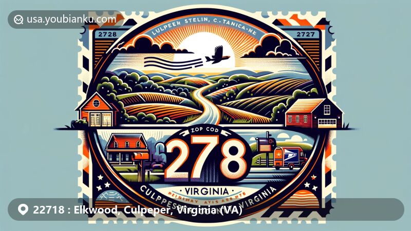 Modern illustration of Elkwood, Culpeper County, Virginia, featuring rural charm and nature elements, postmark, Virginia stamp, and ZIP code 22718.