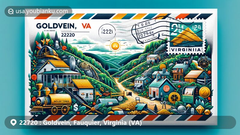 Modern illustration of Goldvein, Virginia, featuring airmail envelope design with gold mining and postal elements for ZIP code 22720, highlighting Gold Mining Camp Museum and historical gold mines.