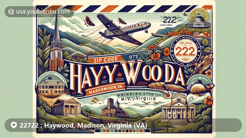 Modern illustration of Haywood, Madison County, Virginia, featuring vintage air mail envelope with ZIP code 22722, showcasing Virginia's cultural and natural heritage, including Blue Ridge Mountains, Luray Caverns, Christ Church, Yeocomico Church, University of Virginia, and Virginia Military Institute.
