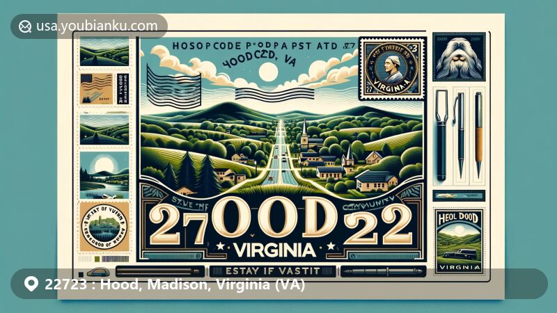 Modern illustration of Hood, VA, featuring rolling hills, lush greenery, and a vintage postcard frame with a Virginia state stamp and postal elements.