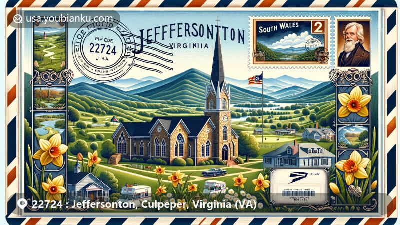 Modern illustration of Jeffersonton, Virginia, featuring iconic Jeffersonton United Methodist Church, picturesque landscapes of Blue Ridge Mountains, and elements of South Wales Golf Course. Styled as a vintage air mail envelope with Virginia state flag stamp, ZIP code 22724 postmark, and daffodils border motif.