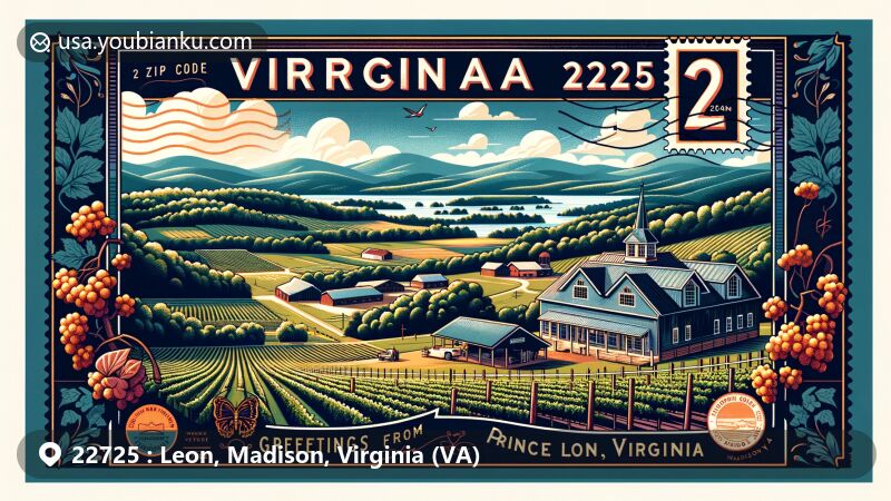 Modern illustration of Leon, Madison County, Virginia, capturing the beauty of the Blue Ridge Mountains and highlighting Prince Michel Vineyard & Winery. Features iconic Virginia symbols like the state flag and a hint of Madison County, with a creative postcard design.