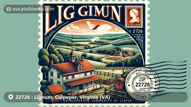 Modern illustration of Lignum, Culpeper County, Virginia, highlighting classic American post office and scenic views of Virginia State Route 3, framed in an air mail envelope shape, symbolizing ZIP code 22726's history and connection to postal network.