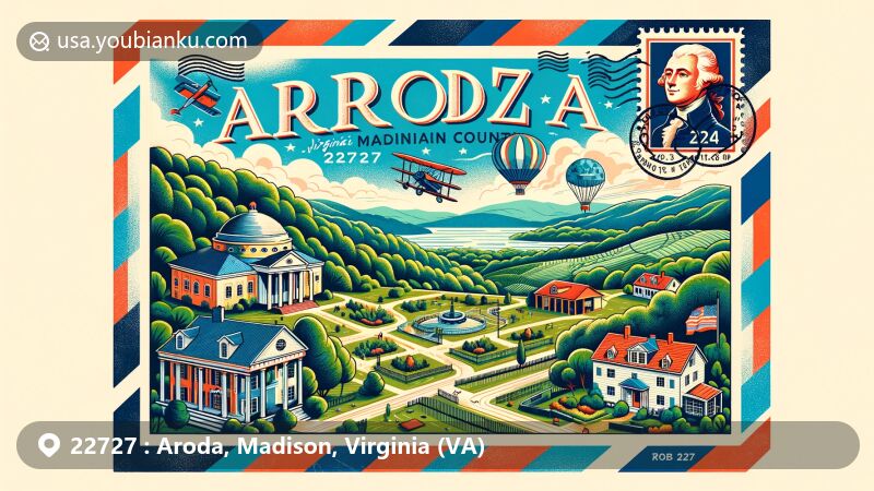 Modern illustration of Aroda, Virginia, capturing the essence of zipcode 22727 in Madison County, with Shenandoah National Park, Monticello, and postal elements like stamps and postmark.