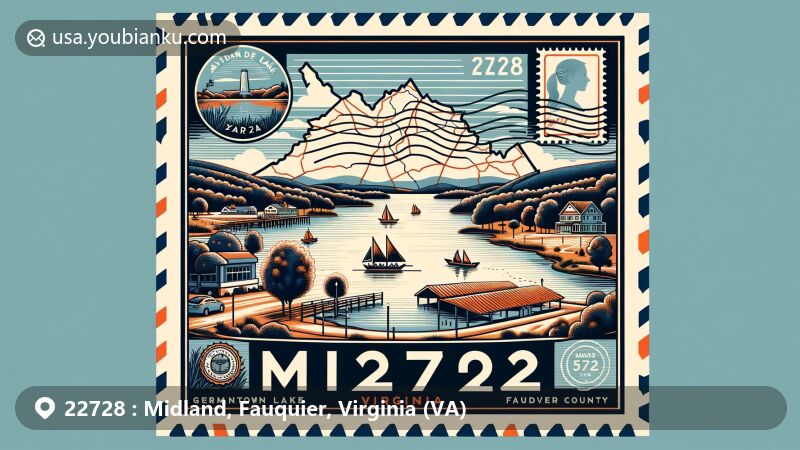 Modern illustration of Midland, Virginia, featuring scenic Germantown Lake and Fauquier County outline, designed as a vintage-style postcard with postal symbols and ZIP Code 22728.
