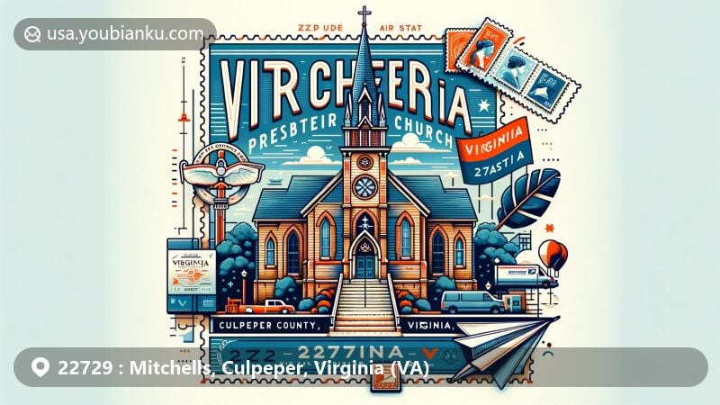 Modern illustration of Mitchells Presbyterian Church in Mitchells, Culpeper County, Virginia, featuring vintage air mail elements and ZIP Code 22729, incorporating Virginia state flag for state representation.