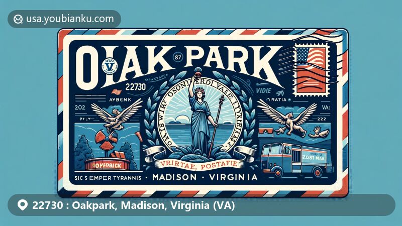 Modern illustration of Oakpark, Madison, Virginia, showcasing postal theme with ZIP code 22730, featuring Virginia state flag and cultural landmarks.
