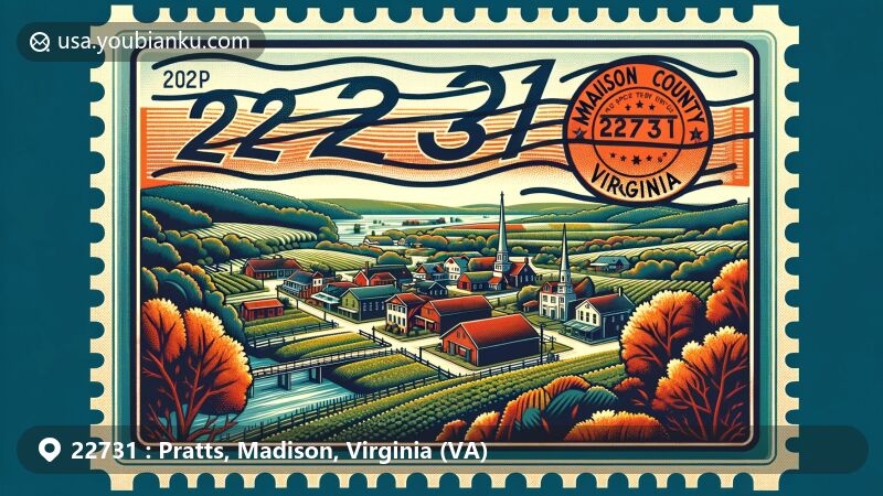 Vintage-style illustration of Pratts, Madison County, Virginia, highlighting ZIP code 22731 with postal-themed design and scenic beauty.
