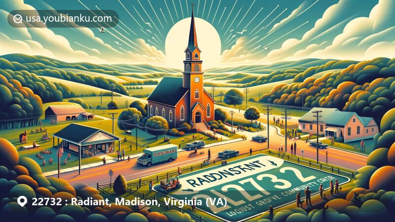 Modern illustration of Radiant, Virginia, showcasing community spirit and natural beauty with Locust Grove Baptist Church and George James Community Center in ZIP code 22732, Madison County, set against rural landscape.