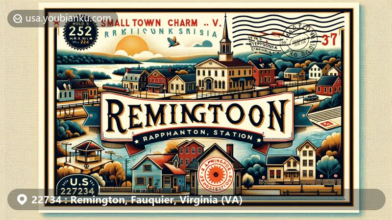 Modern illustration of Remington, Virginia, ZIP code 22734, blending historical rail and river commerce with modern community elements, featuring vintage postcard design and postal symbols.