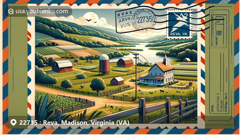 Modern illustration of Reva, Madison, Virginia, area with ZIP code 22735, featuring rural landscape with rolling hills, meadows, farmland, hiking, fishing, camping, and close-knit community atmosphere, enclosed in an airmail envelope with postal elements.