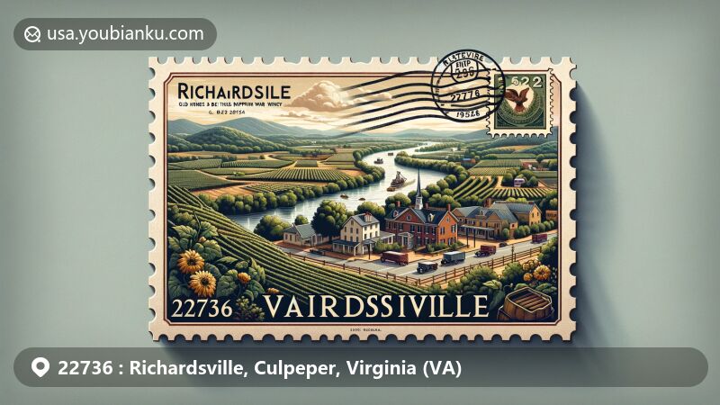 Modern illustration of Richardsville, Culpeper County, Virginia, depicting aerial view between Rapidan and Rappahannock rivers, referencing gold mining history and Civil War significance, framed as vintage postcard with ZIP code 22736 and state name, showcasing Burgandine House and local vineyards like Mountain Run Winery and Old House Vineyards, featuring lavender and sunflower fields from Seek Lavender Farm and Auburn Farm.