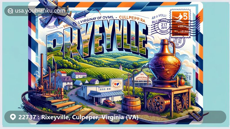 Modern illustration of Rixeyville, Culpeper, Virginia, blending cultural heritage with a postal theme, featuring the LOVE sign, Belmont Farms Distillery, and Verdun Adventure Bound.