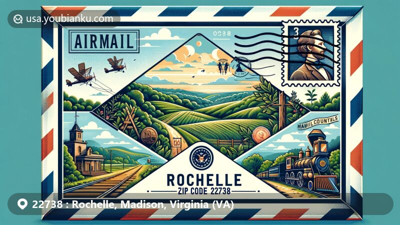 Modern illustration featuring airmail envelope themed around Rochelle, Virginia, showcasing ZIP Code 22738 with elements of natural beauty and historical significance.