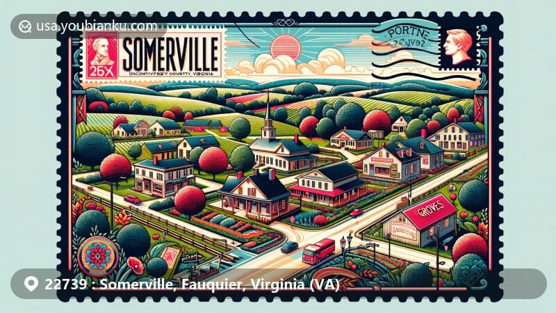 Modern illustration of Somerville, Fauquier County, Virginia, capturing rural charm with historical and cultural symbols, Groves Store, lush landscapes, and modern postal elements.