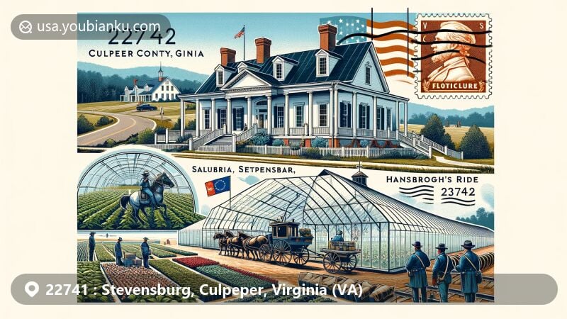 Modern illustration of Stevensburg, Culpeper County, Virginia, showcasing postal theme with ZIP code 22741, featuring Salubria manor, Stevensburg Post Office, floriculture, and Civil War reenactment at Hansbrough's Ridge.