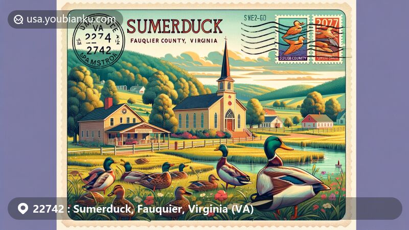 Modern illustration of Sumerduck, Fauquier County, Virginia, featuring ZIP code 22742 and iconic Embrey Memorial Baptist Church amid rolling hills and lush forests.