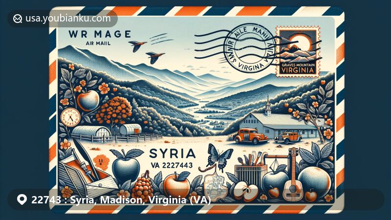 Vintage-style illustration of Syria, Madison County, Virginia, featuring Blue Ridge Mountains, Graves Mountain Apple Harvest Festival elements, and postage stamp with Virginia outline and postmark for ZIP code 22743.