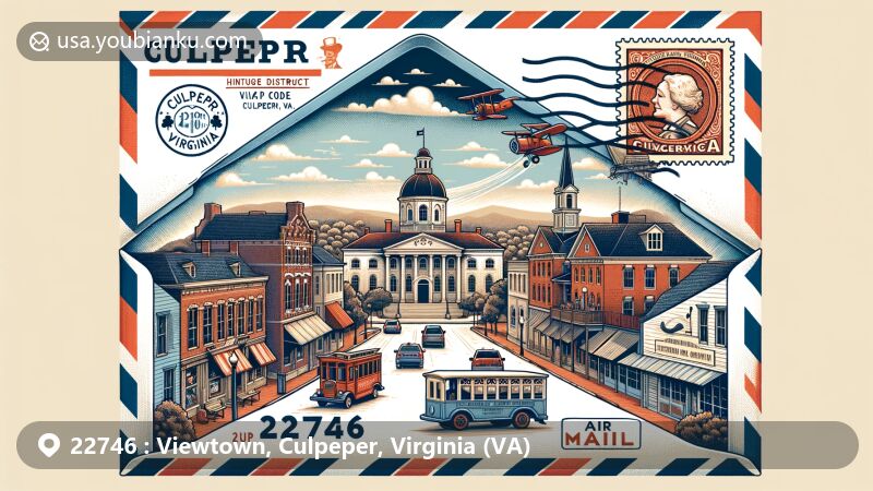 Modern illustration of Viewtown, Culpeper, Virginia, showcasing postal theme with ZIP code 22746, featuring the Culpeper Historic District, County Courthouse, Municipal Building, and Southern Railway Station.
