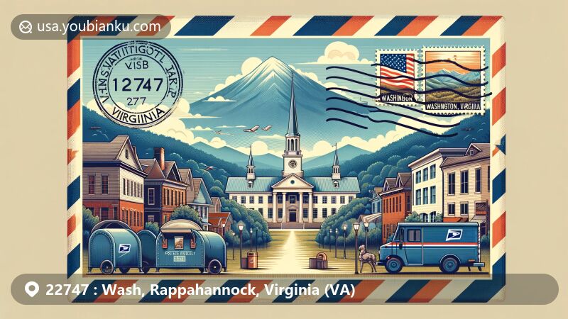 Vintage-style illustration of Little Washington, Rappahannock County, Virginia, merging historical charm with natural beauty of Shenandoah National Park and Blue Ridge Mountains. Includes postal theme with ZIP code 22747, showcasing airmail envelope, postal stamp, Blue Ridge Mountains, and postal symbols.