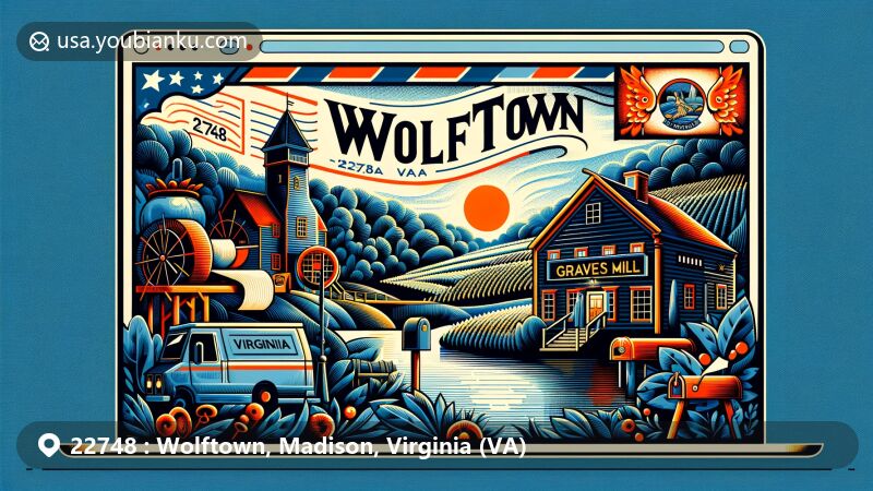 Modern illustration of Wolftown, Madison, Virginia (VA), showcasing postal theme with ZIP code 22748, featuring Graves Mill, Early Mountain Vineyards, and Virginia state symbols.