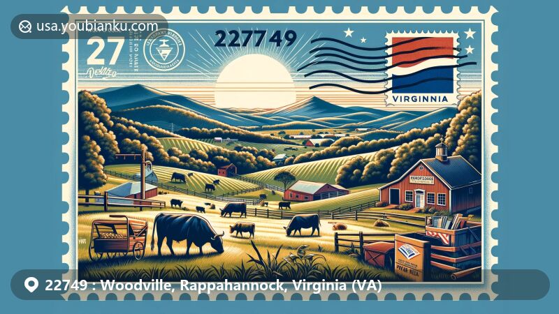 Creative wide-format illustration of Woodville, Rappahannock County, Virginia, showcasing Eldon Farms, grazing cattle, Virginia state flag, and postal theme with ZIP code 22749.