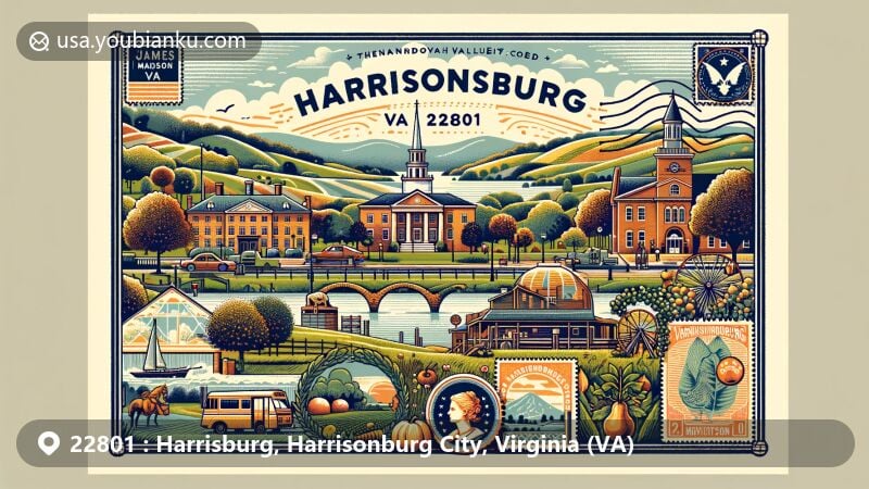 Modern illustration of Harrisonburg, Virginia, highlighting the scenic landscapes of the Shenandoah Valley, including James Madison University and cultural landmarks, such as Showalter's Orchard and the Virginia Quilt Museum, along with vintage postcard elements and postal theme.