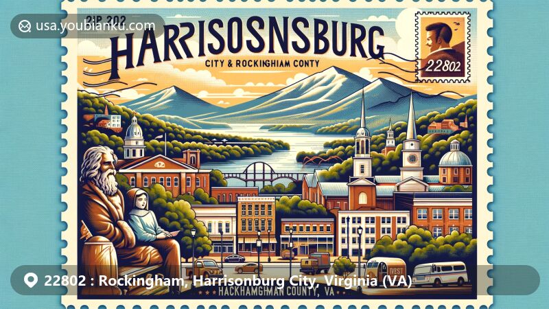 Modern illustration of Harrisonburg, VA 22802, featuring educational institutions like James Madison University and Eastern Mennonite University, with scenic Shenandoah Valley backdrop and historic downtown landmarks.