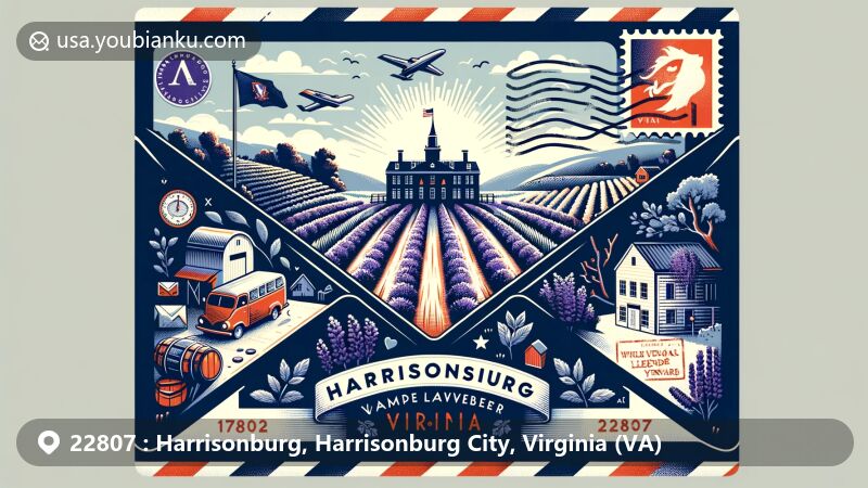 Modern illustration of Harrisonburg, Virginia, highlighting iconic James Madison University, White Oak Lavender Farm & The Purple WOLF Vineyard, and Virginia state flag, with airmail envelope background and postal theme.