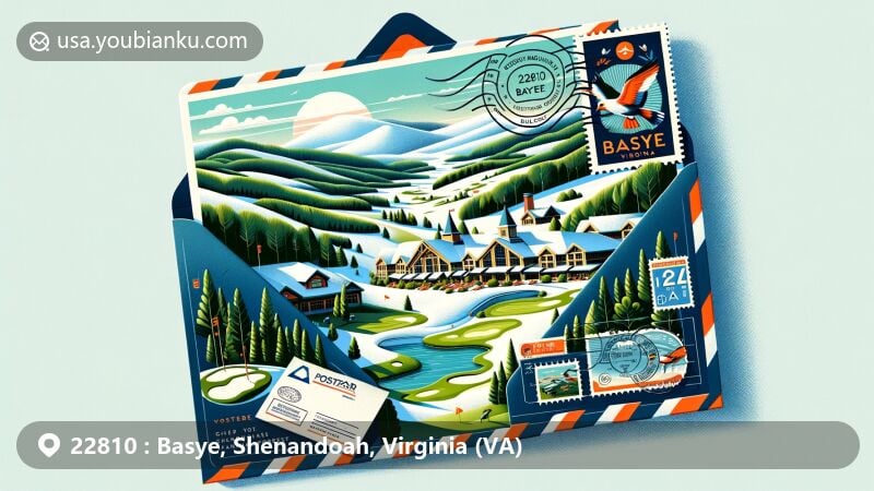 Modern illustration of Basye, Virginia area, featuring Bryce Resort and George Washington National Forest, with a creative airmail envelope design.