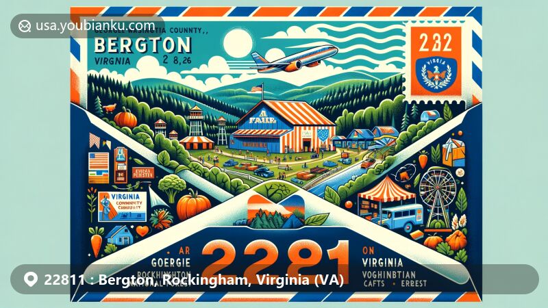 Vibrant illustration of Bergton, Rockingham County, Virginia, featuring air mail envelope with ZIP Code 22811, showcasing George Washington National Forest, Bergton Community Fair, and scenic beauty of mountains and forests.