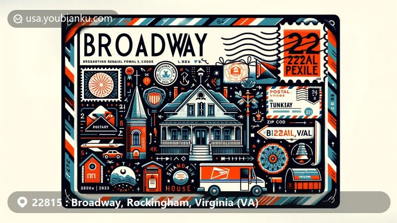 Modern illustration of Broadway, Virginia, highlighting postal theme with ZIP code 22815, showcasing Tunker House from late 1700s and Shenandoah Valley symbols.