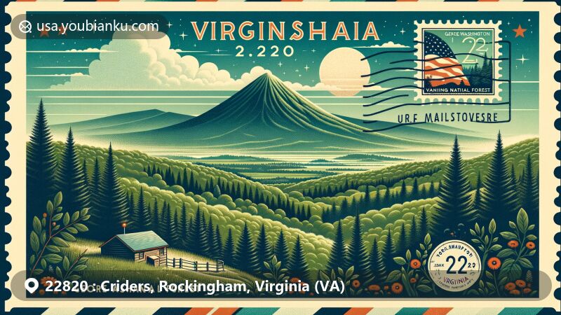 Vintage-style illustration of Criders, Rockingham County, VA, showcasing the postal theme with ZIP code 22820, featuring the George Washington National Forest and Shaver Mountain.